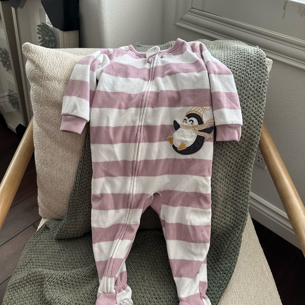 Striped Purple and White Kids Onesie with Penguin Design